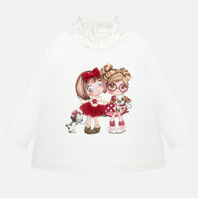 Load image into Gallery viewer, Mayoral Singapore Toddler Girl Long-Sleeved top. Mayoral&#39;s expressive t-shirt in white is perfect for dressing up or down. There&#39;s a soft cotton finish, a ruffled collar, a regular fit and a signature bold motif complete with two playing friends and their little Dalmatian. Pair with sweatpants and trainers from the range, or a skirt and ballet pumps for a smarter look.
