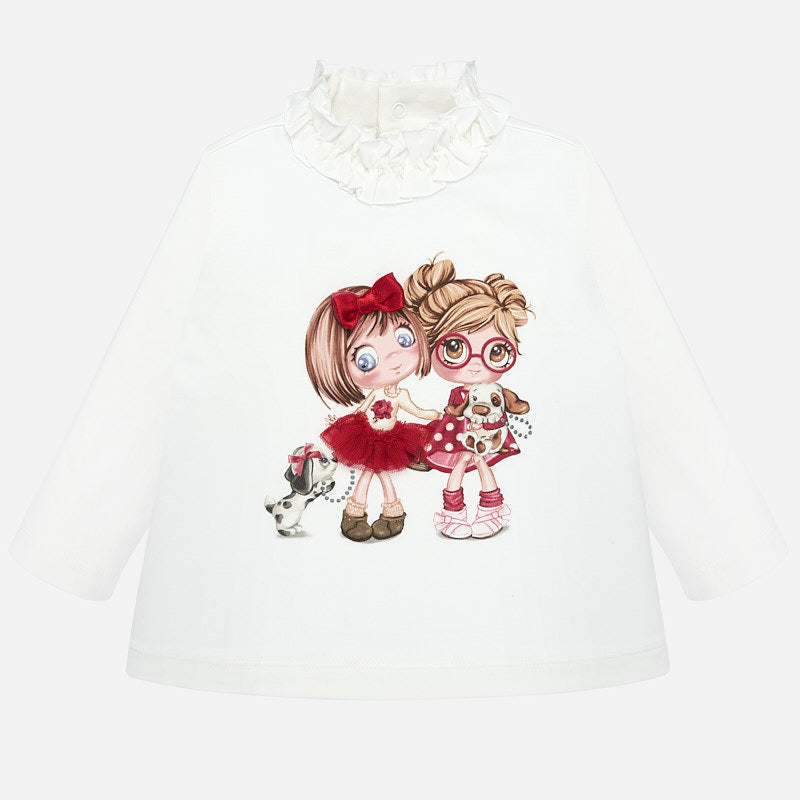 Mayoral Singapore Toddler Girl Long-Sleeved top. Mayoral's expressive t-shirt in white is perfect for dressing up or down. There's a soft cotton finish, a ruffled collar, a regular fit and a signature bold motif complete with two playing friends and their little Dalmatian. Pair with sweatpants and trainers from the range, or a skirt and ballet pumps for a smarter look.