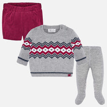 Load image into Gallery viewer, Mayoral Singapore Newborn Boy Outfit Set. Mayoral offers this charming three piece set in grey and red. The top features a graphic pint and the shorts have an elasticated waistband. Crafted in pure cotton, this versatile outfit will always look chic.
