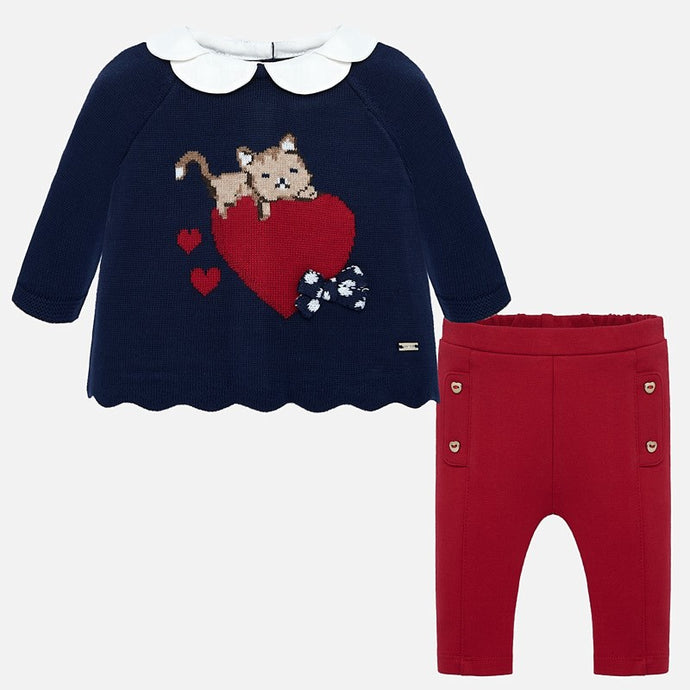 Mayoral Singapore Baby Girl Clothes, Baby Girl outfit set. Mayoral offers you a whole look solution for those chilly days, with red leggings, and a long-sleeved sweater. Made from a soft cotton blend, the top features a charming cat graphic and the leggings have an elasticated waistband. Style with a pair of booties to finish the outfit. 