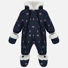 Load image into Gallery viewer, Mayoral Singapore Baby Boy Snowsuit. Warm, padded snowsuit for baby boys by Mayoral Newborn, in navy satin with a cute print. Lined in super soft white velour, it has white faux fur trims and two front zip fastenings. It comes with coordinating, detachable mittens and booties.
