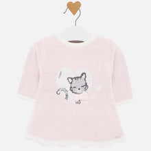Load image into Gallery viewer, Mayoral Singapore Newborn Girl Dress with Cat Print. Sweet and charming, this powder pink dress from Mayoral will make sure they have the perfect outfit for everything from dinner to everyday adventures. It features an adorable cat graphic on the front and button closures on the back. Pair with tights and a velvet headband.
