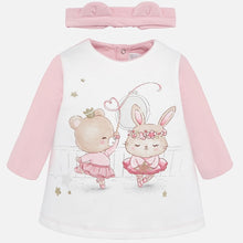 Load image into Gallery viewer, Mayoral Singapore Newborn Girl Pink Dress. Add this soft and comfortable dress to your newborn&#39;s collection. The long-sleeved dress features a playful bear print and comes with a matching headband. Style with a pair of booties for a completed look. 
