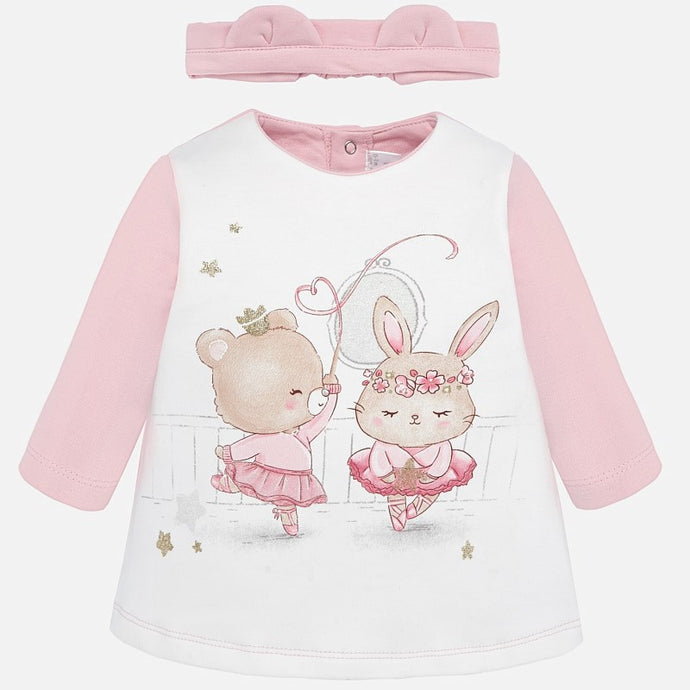 Mayoral Singapore Newborn Girl Pink Dress. Add this soft and comfortable dress to your newborn's collection. The long-sleeved dress features a playful bear print and comes with a matching headband. Style with a pair of booties for a completed look. 
