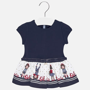 Mayoral Singapore Navy Dress. This long-sleeved navy dress from Mayoral is a great choice for everyday wear. It features  a flared skirt with a charming girl graphic. Dress down with hi-tops for day-to-day, or add white socks and black patent Mary-Janes for a more dressy outfit. 