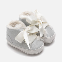 Load image into Gallery viewer, Treat little ones to their first pair of booties with these sweet silver shoes Spanish fashion brand, Mayoral. Crafted from a soft fabric, they&#39;re finished with a satin bow and would look adorable paired with any outfit.
