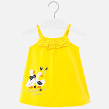 Load image into Gallery viewer, Mayoral Singapore Baby Girl Applique Dot Dress.  Add this sunny yellow dress to their everyday wardrobe. The design features ruffles around the neckline and a cute duck print to the side. 
