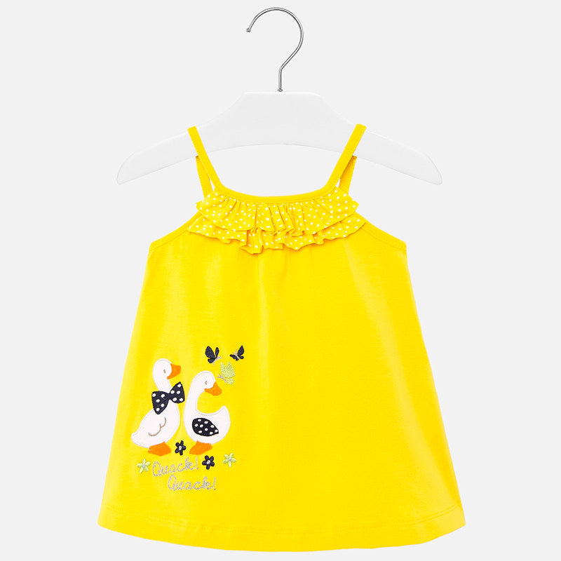 Mayoral Singapore Baby Girl Applique Dot Dress.  Add this sunny yellow dress to their everyday wardrobe. The design features ruffles around the neckline and a cute duck print to the side. 