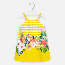 Load image into Gallery viewer, Mayoral Singapore Yellow Dress.  Add a pop of color to their new season wardrobe with this sweet dress from Mayoral. The adorable design includes a striped top and a colorful tropical print. 
