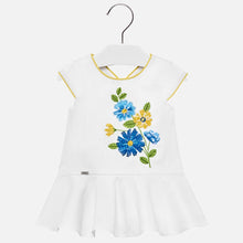 Load image into Gallery viewer, Mayoral Singapore Flower Embroidered Dress. This charming white cotton dress from Mayoral ticks all the boxes for holiday wear. Showcasing colorful embroidered florals, it also features delicate yellow trim around the armholes and the neckline. Add a pair of elegant sandals and a hat from the brand for a completed look. 
